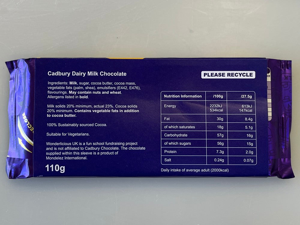 Cadbury's Dairy Milk Bar 110g Wrapper – Wonderlicious (Doughies Limited)